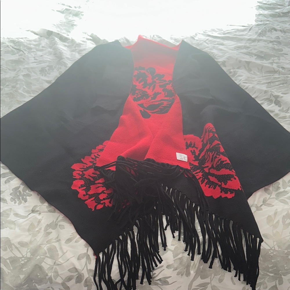 Stylish Black and Red Floral Shawl with Fringe